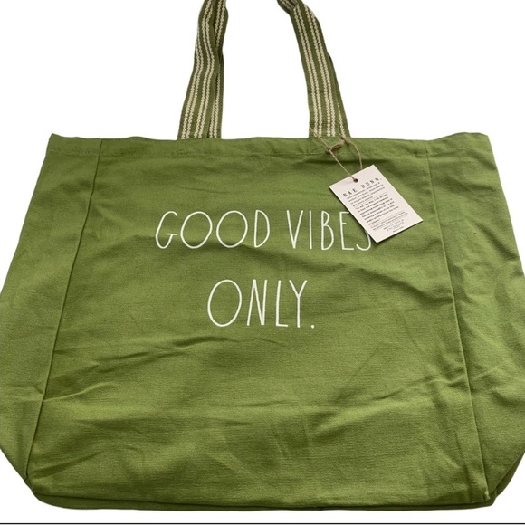 **LAST ONE** NWT RAE DUNN Green Color Good Vibes Only Tote Bag - Picture 2 of 7